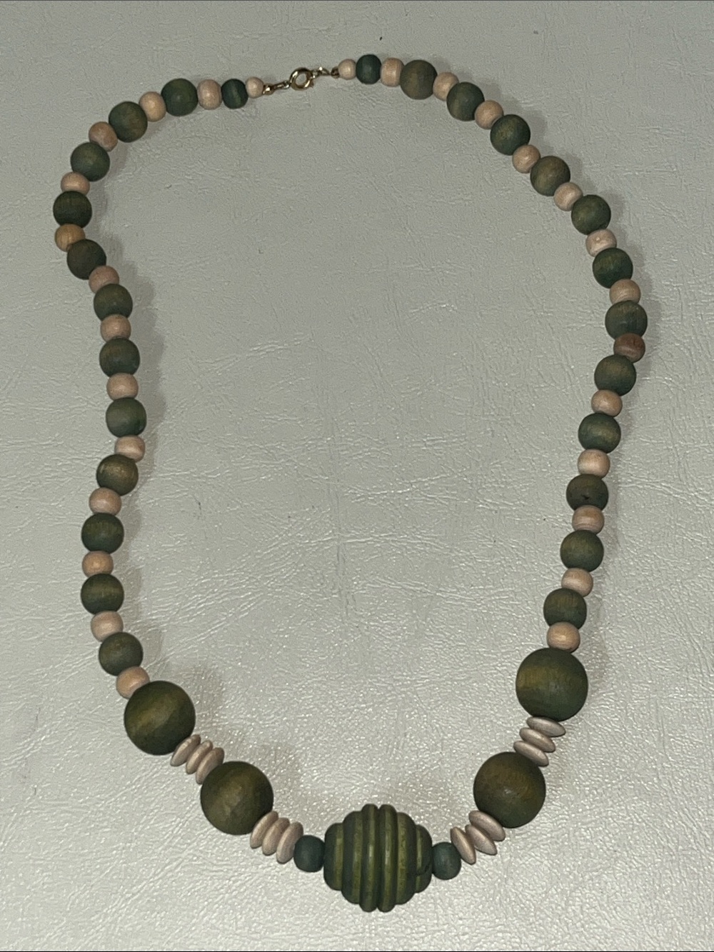 Handcrafted Green Wooden Bead Necklace with Natural Accents & gold-tone clasp
